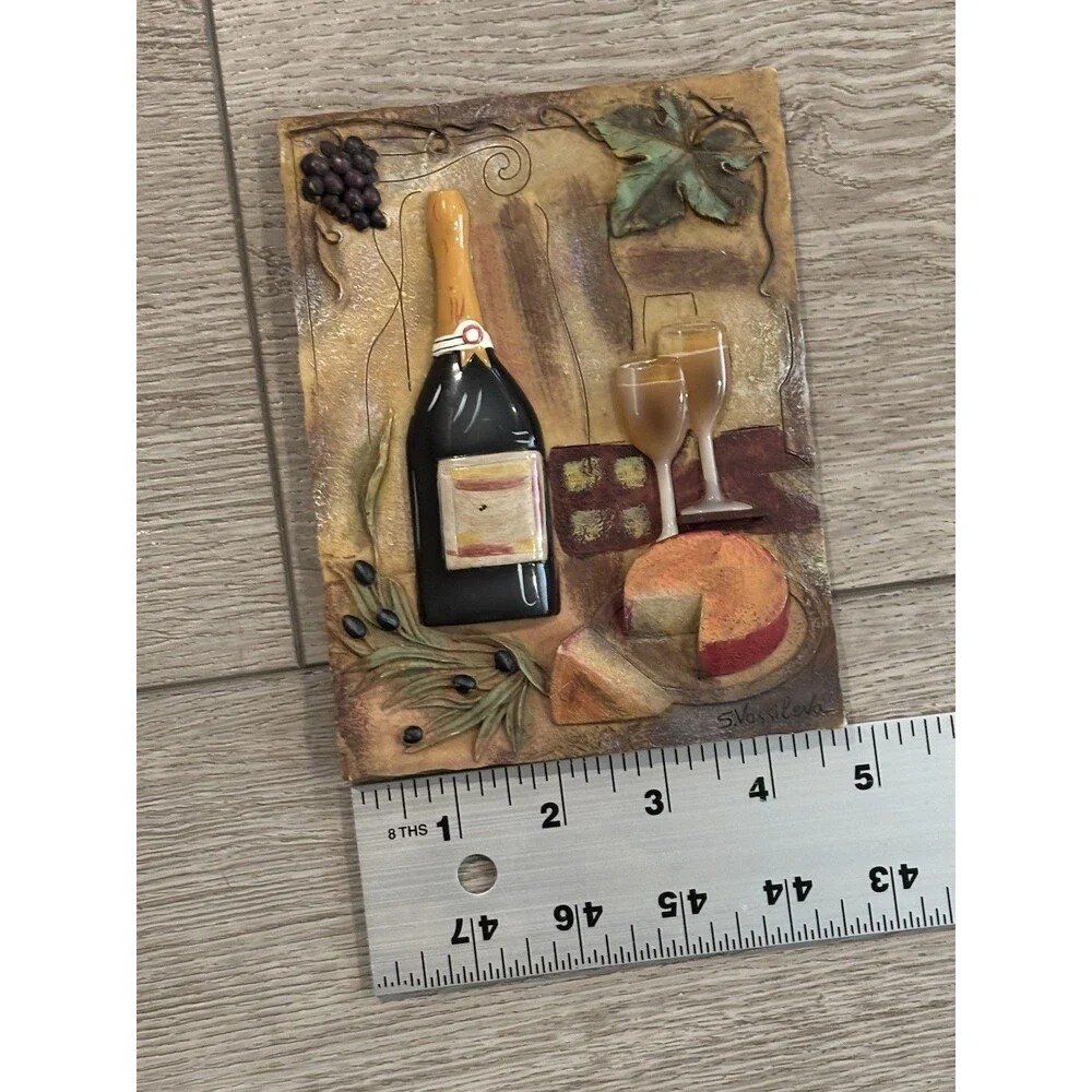 3D Wall Plaque S. Vassileva Wine Bottle Glasses Grapes‎ Kitchen Decor Vino